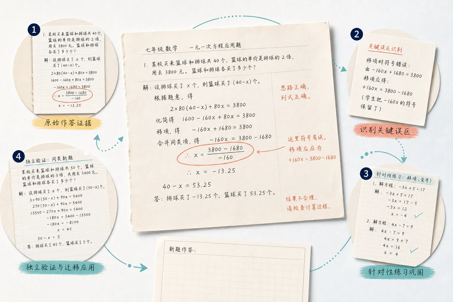 一份真实数学作答从原始证据、关键卡点、针对训练到独立验证形成持续闭环